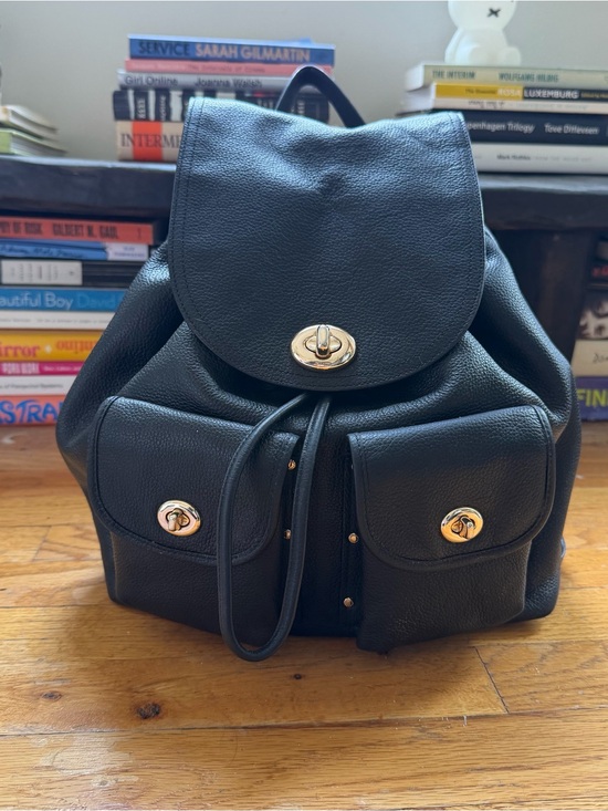 Coach Handbags - Coach Black Pebbled Leather Drawstring Backpack with Gold Turnlock Hardware